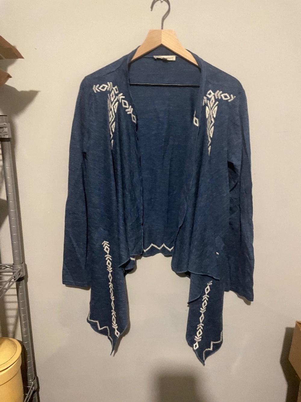 Young threads medium blue sweater with white embroidered trim